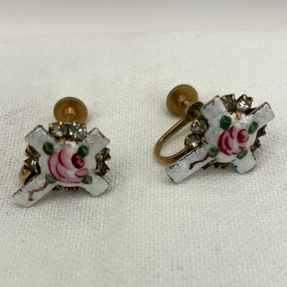 Vintage Gilloche Painted Floral Rose Screw Back Earrings Cross Rhinestones - Picture 3 of 6